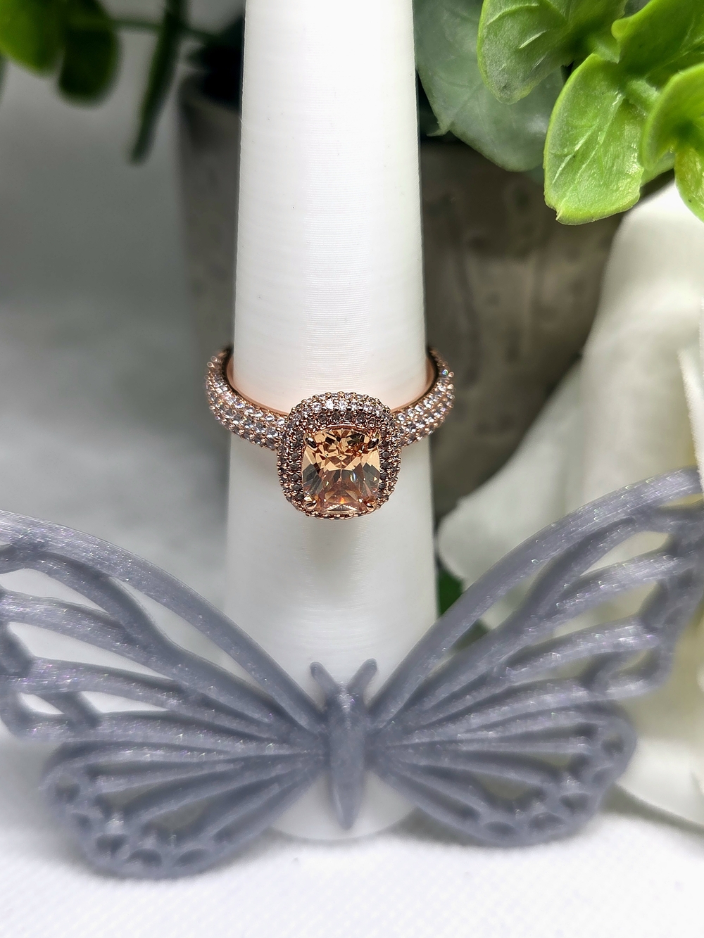 BP Cushion-Cut Smokey Topaz Halo Ring On Rose Gold Setting